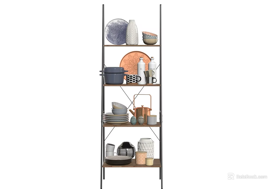 Modern Kitchenware Display Shelf With Plates Bowls Mugs And Pots 3d model 