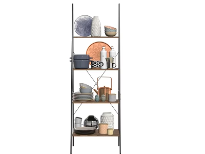 Modern Kitchenware Display Shelf With Plates Bowls Mugs And Pots 3d model