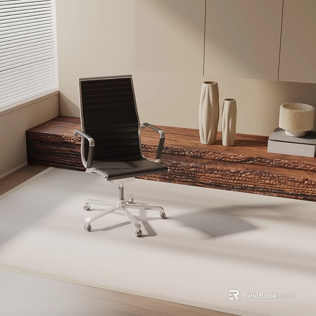 Black Office Chair with Metal Armrests Silver Casters on Wooden Platform with Vases and Blinds 3d model 
