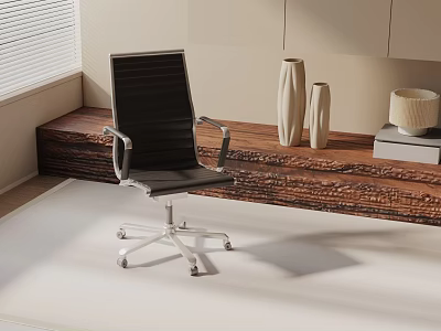 Black Office Chair with Metal Armrests Silver Casters on Wooden Platform with Vases and Blinds 3d model