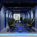 Modern Cyber Cafe Interior With Gaming Computers Comfortable Chairs And Blue Lighting 3d model