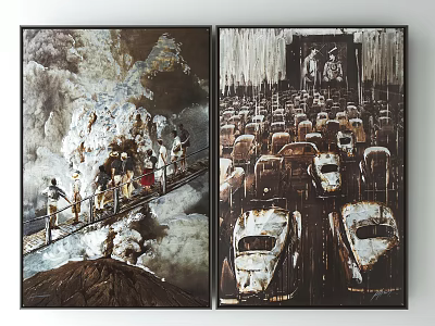 Two Abstract Paintings Featuring Crowd On Bridge With Smoke And Dense Car Traffic Urban Scene 3d model