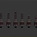 Six Red And White Layered Towers With Circular Base Spire And Reflections On Black Background