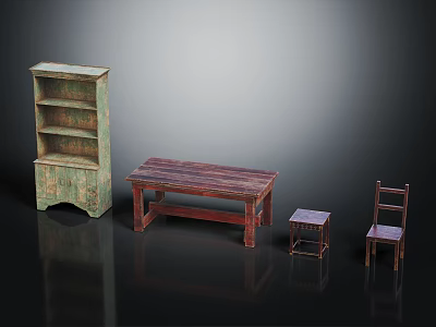 Vintage Green Shelf Wooden Dining Table Small Stool And Wooden Chair Furniture Collection 3d model