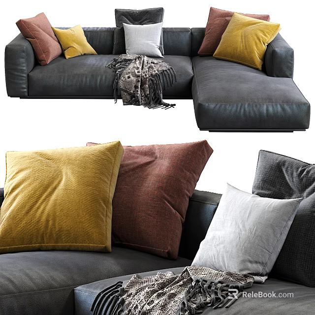 Large Sectional Sofa with Yellow Brown White Pillows and Cozy Throw Blanket 3d model 