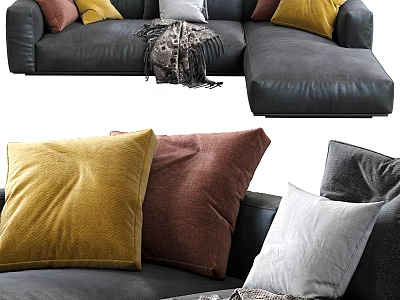 Large Sectional Sofa with Yellow Brown White Pillows and Cozy Throw Blanket 3d model