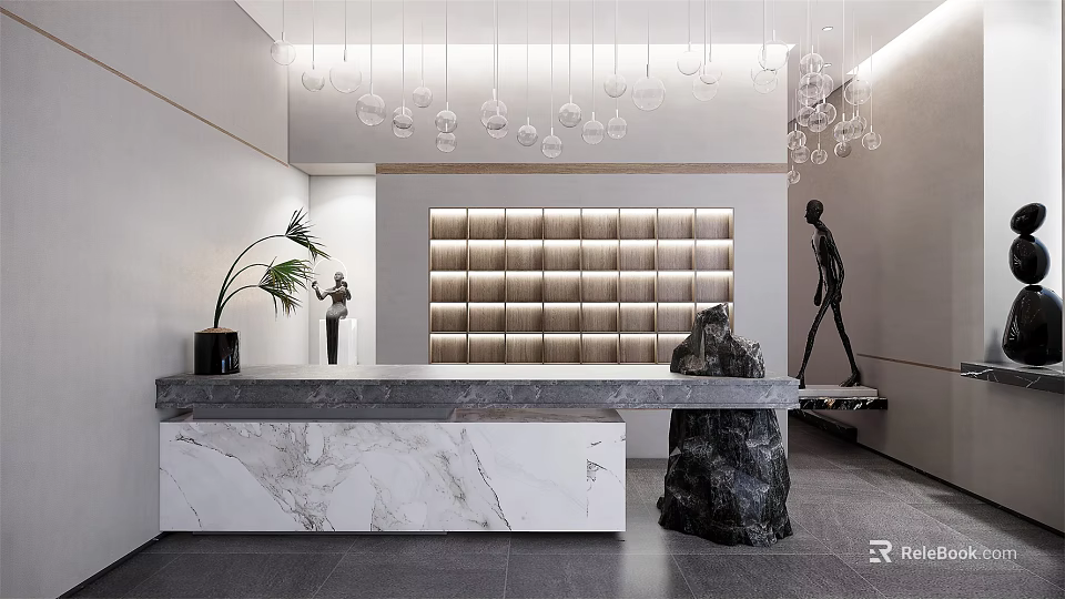Modern Reception Desk with Marble Countertop Display Wall Hanging Pendant Lights Sculpture and Potted Plant 3d model 