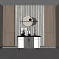 Modern Interior Wooden Vertical Striped Wall Decorative Cabinet Photo Frame Round Mirror