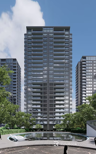 Modern High Rise Building Exterior With Green Trees And Blue Sky View 3d model 