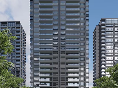 Modern High Rise Building Exterior With Green Trees And Blue Sky View 3d model