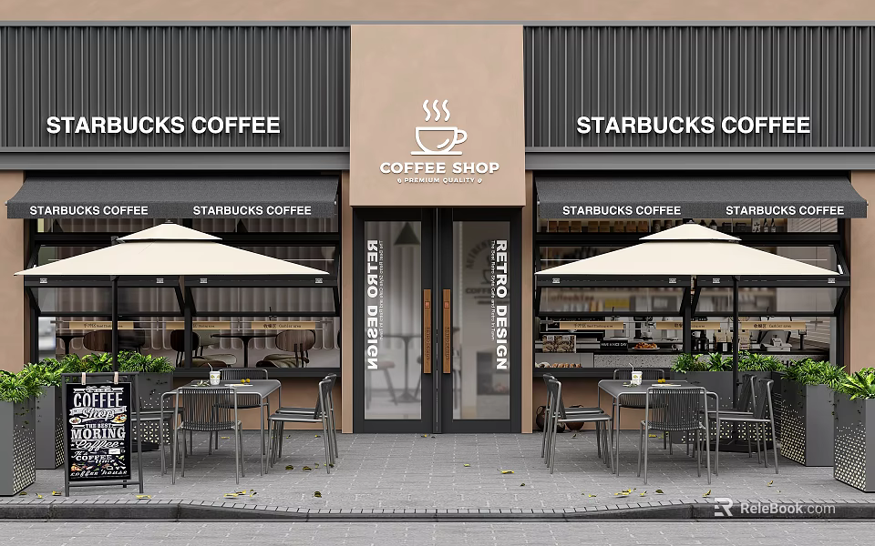 Modern Outdoor Table with Umbrella and Chairs on Coffee Shop Exterior Patio 3d model 