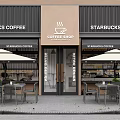 Modern Outdoor Table with Umbrella and Chairs on Coffee Shop Exterior Patio