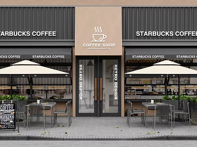 Modern Outdoor Table with Umbrella and Chairs on Coffee Shop Exterior Patio 3d model