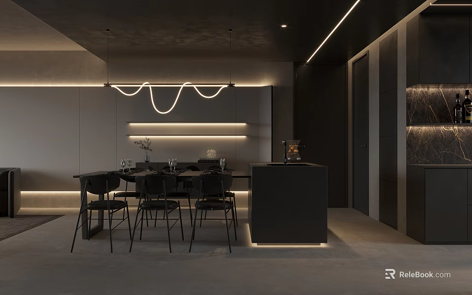 Modern Restaurant Interior With Black Dining Furniture Pendant Lights And Linear Lighting 3d model 
