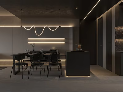 Modern Restaurant Interior With Black Dining Furniture Pendant Lights And Linear Lighting 3d model