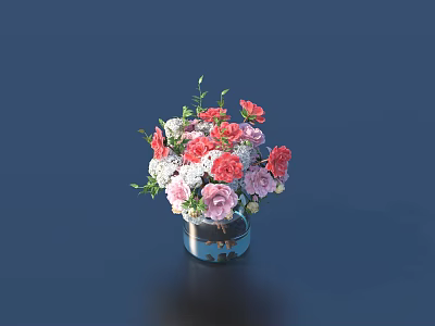 Beautiful Flower Bouquet With Pink Red White Flowers In Glass Vase On Dark Blue Background 3d model