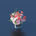Beautiful Flower Bouquet With Pink Red White Flowers In Glass Vase On Dark Blue Background