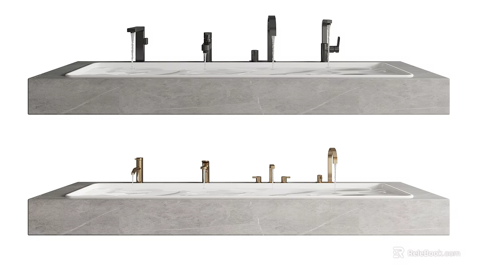 Various Modern Faucet Designs With Different Finishes On Sleek Stone Countertops 3d model 