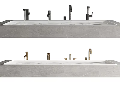 Various Modern Faucet Designs With Different Finishes On Sleek Stone Countertops 3d model