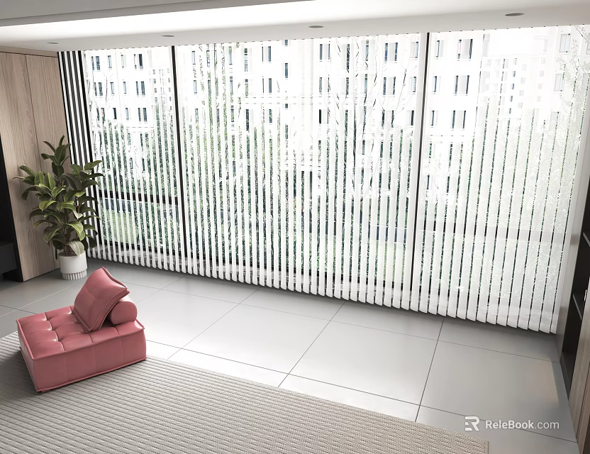 Vertical Blinds For Large Windows In Modern Living Space With Sofa And Plant 3d model 