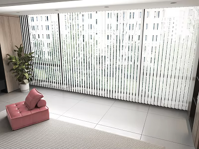 Vertical Blinds For Large Windows In Modern Living Space With Sofa And Plant 3d model