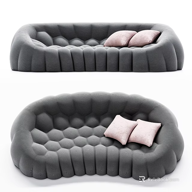 Modern Gray Curved Sectional Sofa with Tufted Texture and Pink Cushions 3d model 