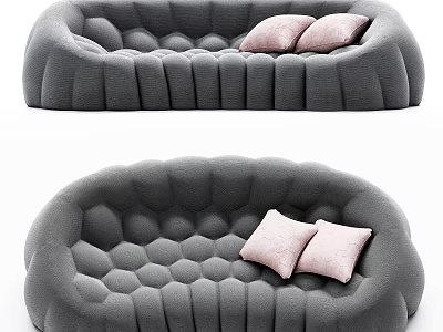 Modern Gray Curved Sectional Sofa with Tufted Texture and Pink Cushions 3d model
