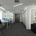 Public Office Space With Open Layout Work Desks Computers Chairs Wall Posters And Grey Carpet 3d model