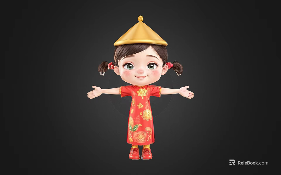 Woman Standing With Arms Outstretched in Red Cheongsam With Golden Floral Patterns and Yellow Hat 3d model 