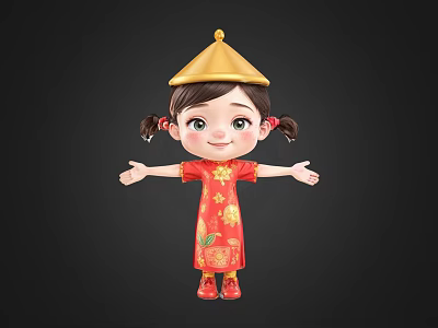 Woman Standing With Arms Outstretched in Red Cheongsam With Golden Floral Patterns and Yellow Hat 3d model