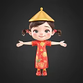 Woman Standing With Arms Outstretched in Red Cheongsam With Golden Floral Patterns and Yellow Hat