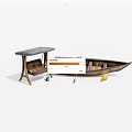 Wooden Boat with Oars and Yellow Buoy Nearby Wooden Table with Stone Top
