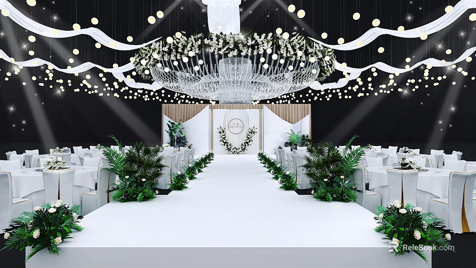 Banquet Hall With White Aisle Green Plant Decorations And Crystal Chandelier Lighting 3d model 