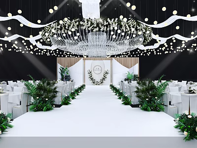 Banquet Hall With White Aisle Green Plant Decorations And Crystal Chandelier Lighting 3d model