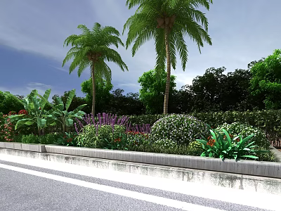 Garden Landscape Featuring Palm Trees Green Plants Bushes And Road Under Blue Sky 3d model