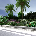 Garden Landscape Featuring Palm Trees Green Plants Bushes And Road Under Blue Sky