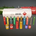 White Diesel Tank Truck With Colorful Gas Cylinders And Storage Containers