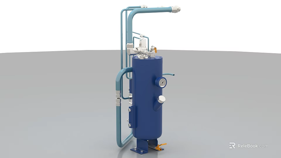 Industrial Equipment Featuring Blue Cylindrical Tank With Pipes Valves And Support Base 3d model 