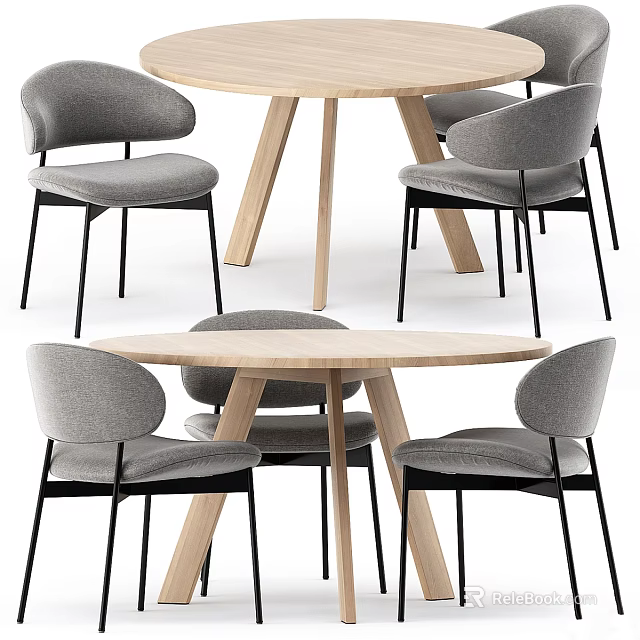 Modern Wooden Dining Table Set With Four Gray Curved Back Upholstered Chairs 3d model