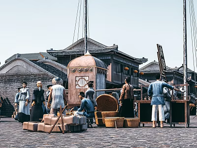 Traditional Wooden Swing Door For Ancient Market Building With Carved Details 3d model