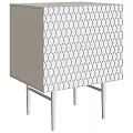 White Textured Cabinet With Geometric Pattern Gold Handle And Metal Legs