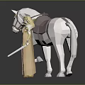 Low Poly Style Woman In Golden Beige Robe Standing Beside White Horse