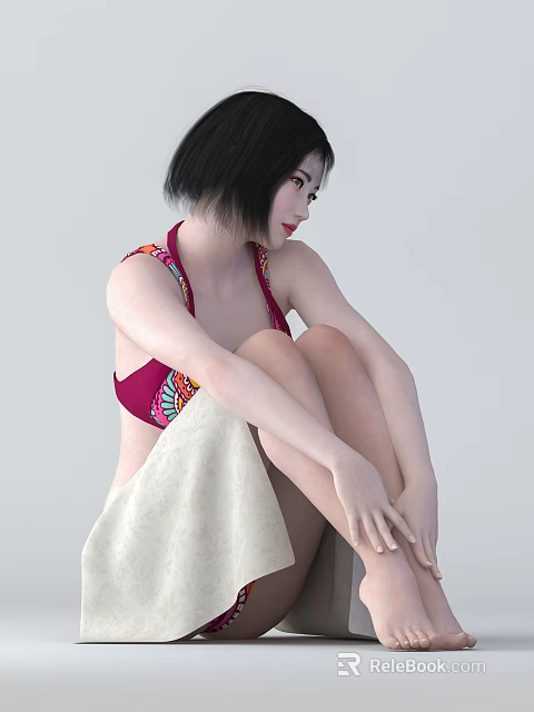Woman In Red Floral Bikini With Beige Draped Cloth Sitting Pose 3d model 