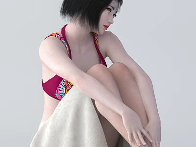 Woman In Red Floral Bikini With Beige Draped Cloth Sitting Pose 3d model