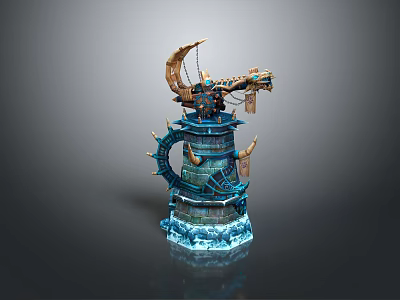 Mechanical Tower Decorative Structure With Blue Gold Accents Gears Chains And Crescent Top Icy Base 3d model