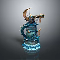 Mechanical Tower Decorative Structure With Blue Gold Accents Gears Chains And Crescent Top Icy Base