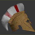 Golden Classical Helmet with Red and Black Plume and Carved Patterns in Metallic Sheen