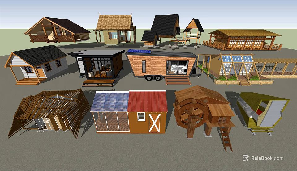 Diverse Guesthouse Buildings Featuring Various Wooden Structures Solar Panels And Roof Designs 3d model 