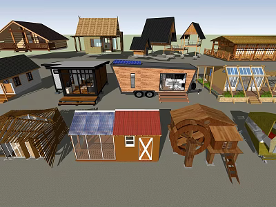 Diverse Guesthouse Buildings Featuring Various Wooden Structures Solar Panels And Roof Designs 3d model