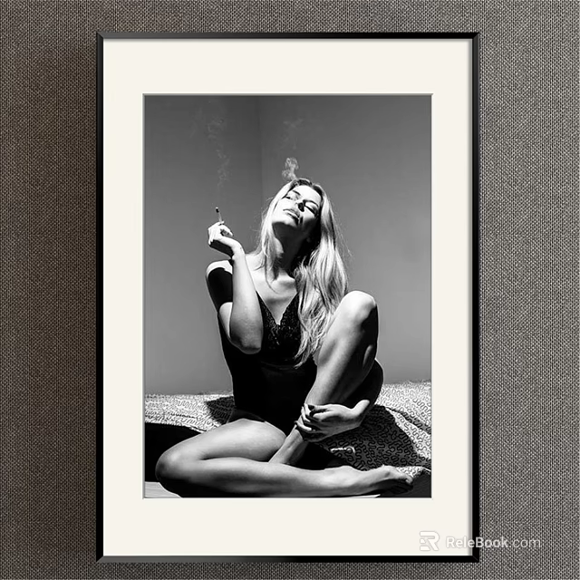 Black and White Female Portrait Painting Seated Cross Legged with Cigarette Smoke Rising 3d model 